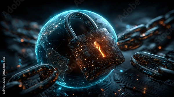Fototapeta Hand man holding of global secure cloud network connection, protecting data integrity and privacy, ensuring compliance with regulations, safeguarding against cyber threats, and encryption protocols.