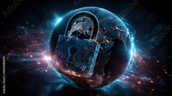 Fototapeta Hand man holding of global secure cloud network connection, protecting data integrity and privacy, ensuring compliance with regulations, safeguarding against cyber threats, and encryption protocols.