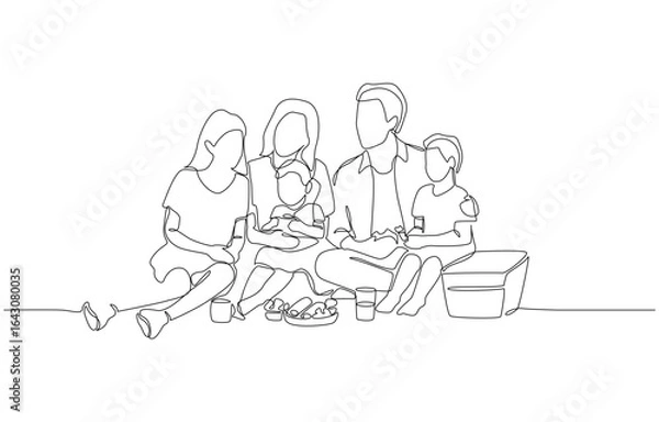 Fototapeta Continuous one line drawing of family having picnic on grass, symbolizing love, bonding, relaxation, and quality time of family, single line art