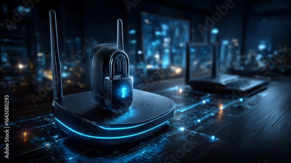Fototapeta internet of things. Businessman hand touches a shield, IoT security is essential. The concept represents safeguarding connected devices, network integrity, data privacy, and operational resilience.