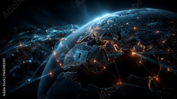 Fototapeta Network security. Hand holding network security globe with network connecting data. Integration of digital technology, protection against cyber threats ensuring safe data transfer and communication.