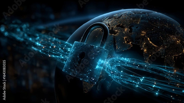 Fototapeta Network security. Hand holding network security globe with network connecting data. Integration of digital technology, protection against cyber threats ensuring safe data transfer and communication.