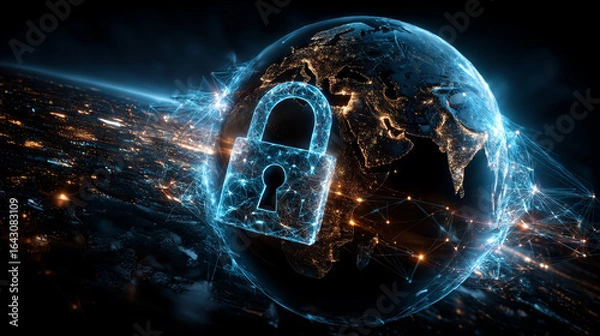 Fototapeta Network security. Hand holding network security globe with network connecting data. Integration of digital technology, protection against cyber threats ensuring safe data transfer and communication.