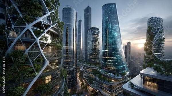 Fototapeta Businessman touch on the potential of smart cities, highlighting their role in urban development, sustainability, and technological innovation, which can enhance the quality of life for residents.