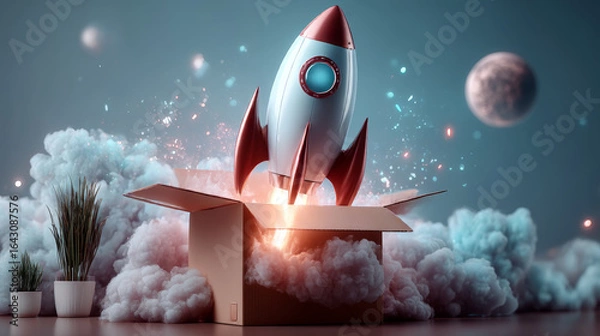 Fototapeta Rocket Launching from Box, New Business Startup. 3D illustration