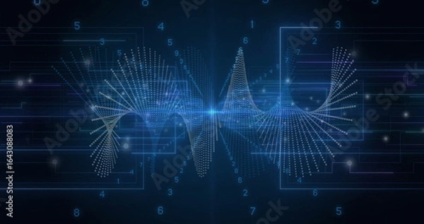 Fototapeta Spiraling digital waveform across interface, with light flare, frames, circuits and digit labels