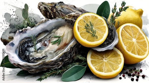 Fototapeta Horizontal border with oysters on a white background. Hand-drawn oysters, lemon slices, herbs, and salt. Hand-drawn seafood delicacies for restaurant and seafood café menus, packaging design.
