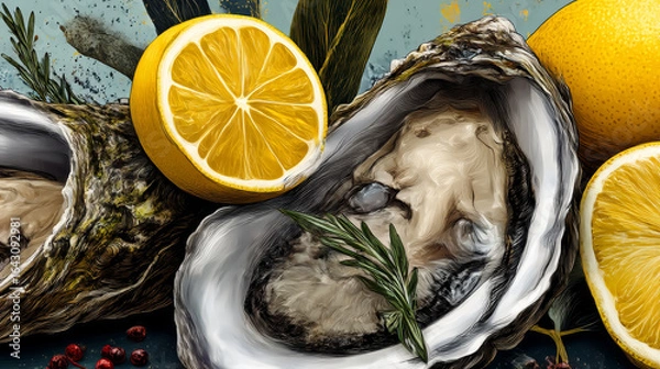 Fototapeta Horizontal border with oysters on a white background. Hand-drawn oysters, lemon slices, herbs, and salt. Hand-drawn seafood delicacies for restaurant and seafood café menus, packaging design.