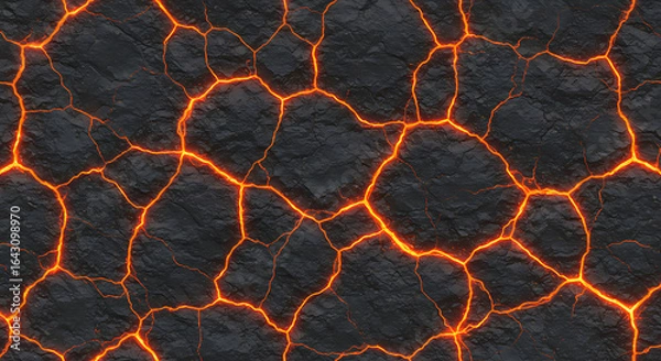 Fototapeta Lava texture seamless pattern, cracked dark stone with glowing magma