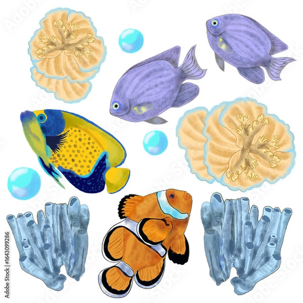 Obraz Watercolor digital artwork capturing the beauty and intricate textures of tropical sea life, featuring vibrant clownfish, colorful marine fish, coral reefs, and shimmering ocean water, elegantly arra