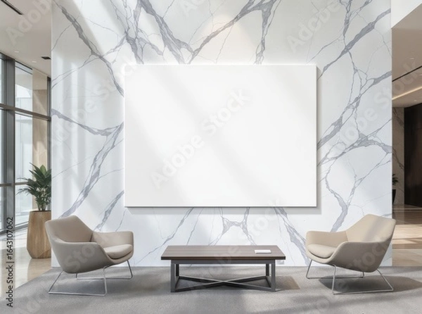 Fototapeta Modern lobby features marble wall, seating area, and blank display.