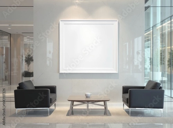 Fototapeta Modern lobby with blank canvas, chairs and a coffee table.