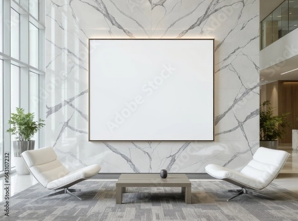 Fototapeta Modern lobby with marble wall, blank display and stylish seating.