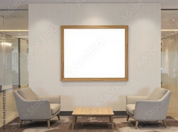 Fototapeta Empty frame on wall in modern office lounge with seating.