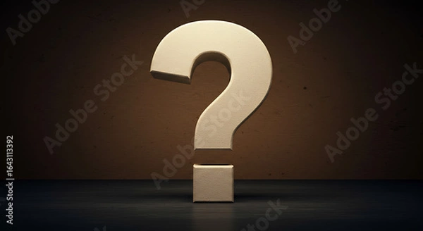 Fototapeta question mark in a box, question mark on a blackboard, Large beige question mark symbol stands on wooden surface. Brown warm textured background, dramatic lighting. Illustration reflects questions in 