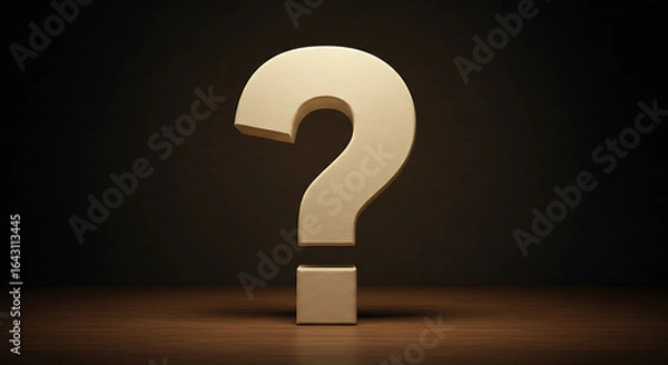 Fototapeta question mark in a box, question mark on a blackboard, Large beige question mark symbol stands on wooden surface. Brown warm textured background, dramatic lighting. Illustration reflects questions in 