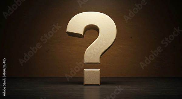 Fototapeta question mark in a box, question mark on a blackboard, Large beige question mark symbol stands on wooden surface. Brown warm textured background, dramatic lighting. Illustration reflects questions in 