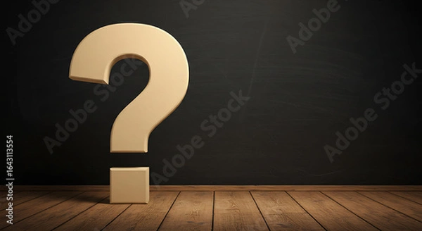 Fototapeta question mark in a box, question mark on a blackboard, Large beige question mark symbol stands on wooden surface. Brown warm textured background, dramatic lighting. Illustration reflects questions in 