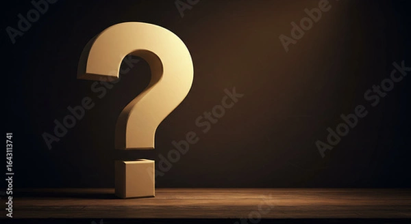 Fototapeta question mark in a box, question mark on a blackboard, Large beige question mark symbol stands on wooden surface. Brown warm textured background, dramatic lighting. Illustration reflects questions in 