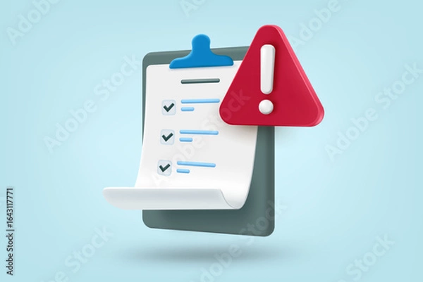 Fototapeta Check list with red exclamation sign. 3d vector illustration