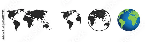 Obraz World Map Collection: Diverse representations of planet earth. From detailed continent outlines to a vibrant 3D globe, the imagery showcases Earth's vastness and geographic features.