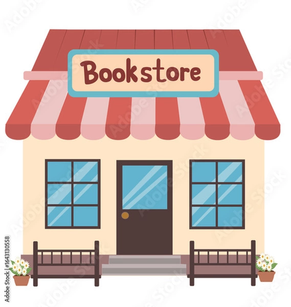 Fototapeta Bookstore Red and Beige
Cozy bookstore storefront with red striped awning and welcoming bench. Perfect for book lover merchandise, posters, and community event graphics.