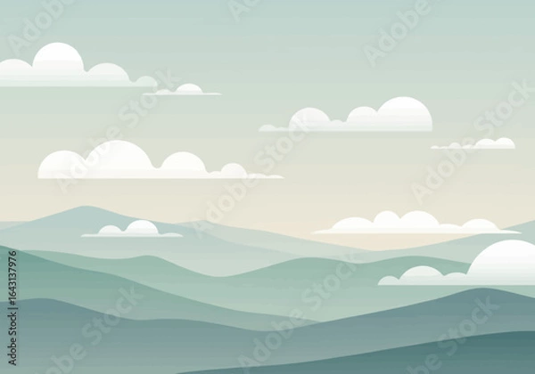 Fototapeta Serene Mountain Landscape with Clouds Minimalist Style Soft Pastel Colors.