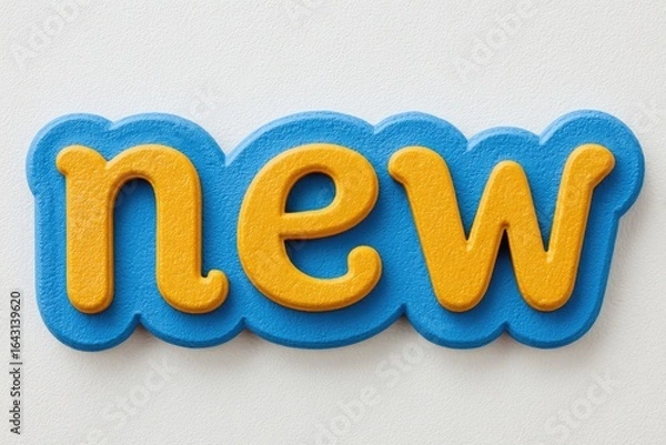 Fototapeta Bright yellow word "new" on a light blue background,  3D effect