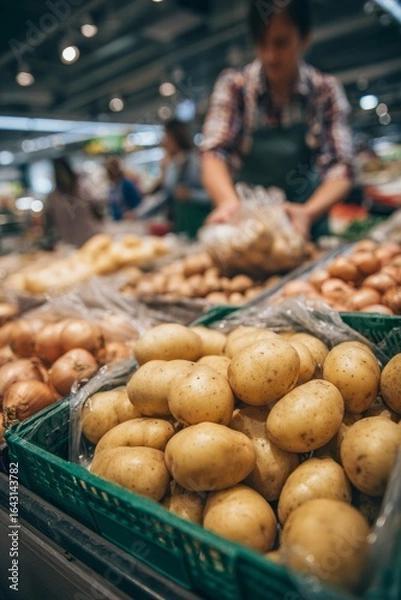 Fototapeta Morning in a busy grocery store with customers nearby A staff member is replenishing bags of potatoes and onions The mood is quick and efficient, Generative AI