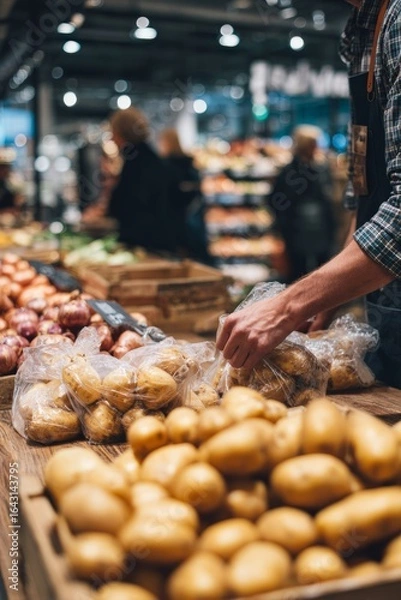 Fototapeta Morning in a busy grocery store with customers nearby A staff member is replenishing bags of potatoes and onions The mood is quick and efficient, Generative AI