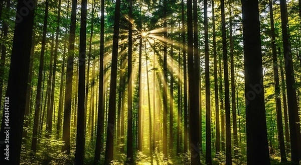 Fototapeta Sunbeams shining through tall trees in a dense forest