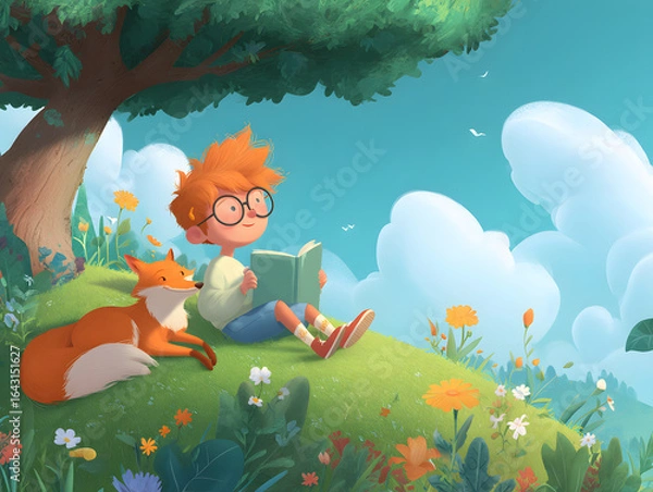 Fototapeta Cartoon boy with round glasses reading a book with little fox.
