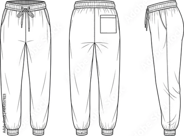 Fototapeta Unisex jogger pants technical flat sketch with drawstring waist and cuffed hem, fashion CAD drawing, front, back, side views