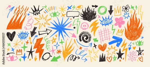 Fototapeta Colorful crayon drawn punk tattoo stickers. Collection of flame icons, fire, lightnings, eye shapes.