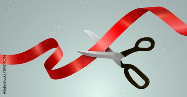 Fototapeta Grand Opening Event. Festive Ceremony Ribbon Cutting with Scissors. Vector illustration