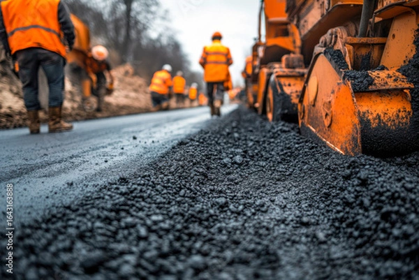 Fototapeta Road resurfacing is in progress with construction machinery and workers wearing bright orange safety vests adding a layer of asphalt