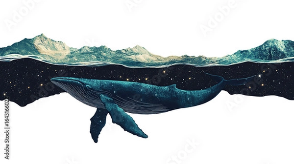 Fototapeta Collage of ocean and whale combined with stars isolated on transparent background. PNG