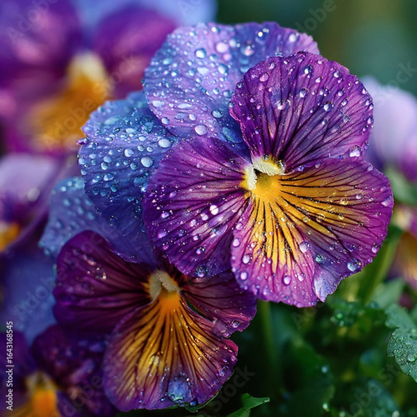 Fototapeta Close up of pansy flowers with many fresh water drops on petals, nature background with blooming garden the