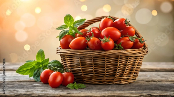 Fototapeta Wicker basket overflowing with ripe red tomatoes and fresh basil leaves