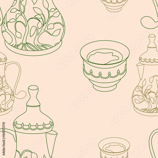 Fototapeta Editable Outline Patterned Bulbous Dallah Coffee Pots and Finjan Cups Vector Illustration in Various Colors as Seamless Pattern for Background of Arab Culture Tradition Cafe and Islamic Moments