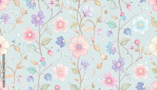 Fototapeta Pastel floral pattern on a light blue background, featuring delicate flowers and vines