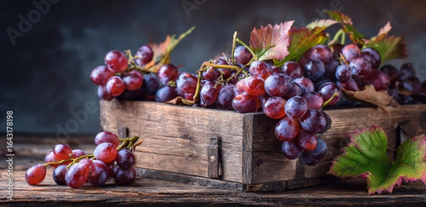 Fototapeta Ripe dark grapes hang on the vine in a vineyard at sunset. Concept of winemaking harvest and agriculture in nature. Summer or autumn season.