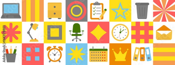 Fototapeta A vibrant grid showcasing a variety of icons including a laptop, desk lamp, clock, and calendar, highlighting elements commonly found in an office or study environment.
