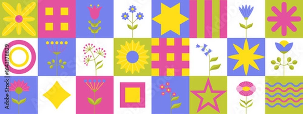 Fototapeta A vibrant geometric design showcases various flowers and shapes in pastel pink, yellow, and blue hues, creating a cheerful and artistic atmosphere ideal for creative projects.