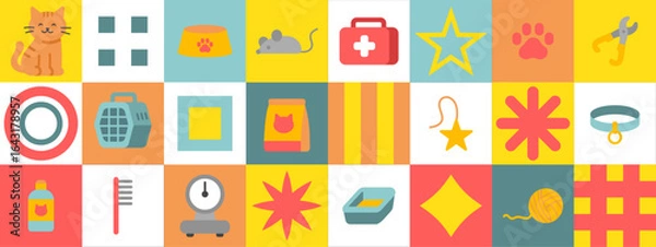 Fototapeta A collection of pet-related icons arranged in a patchwork style featuring cats, dog items, medical supplies, and grooming tools in bright colors and simple designs.