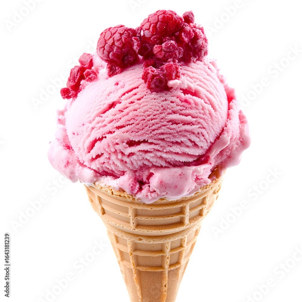 Fototapeta Raspberry ice cream scoop with fresh berry topping in waffle cone. Sweet frozen dessert for hot summer day. Close-up studio shot.