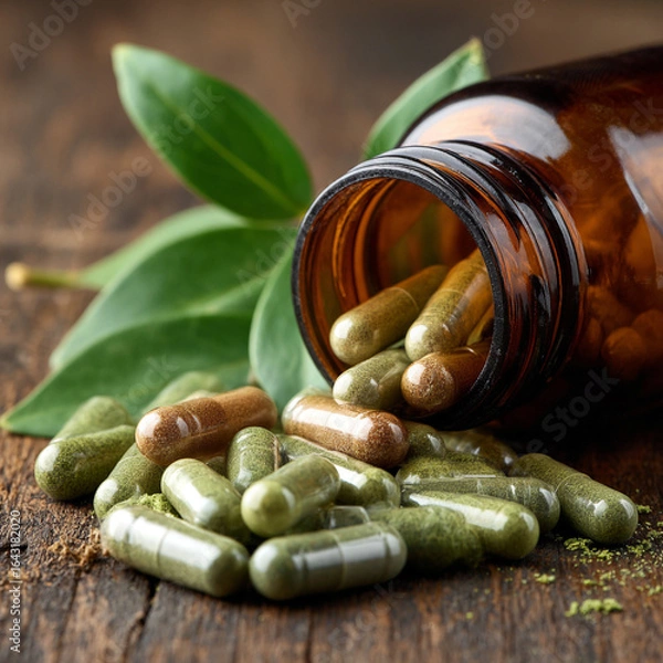 Fototapeta Green dietary supplements spilling from a brown bottle on a wooden surface, showcasing health and wellness, natural remedy concept