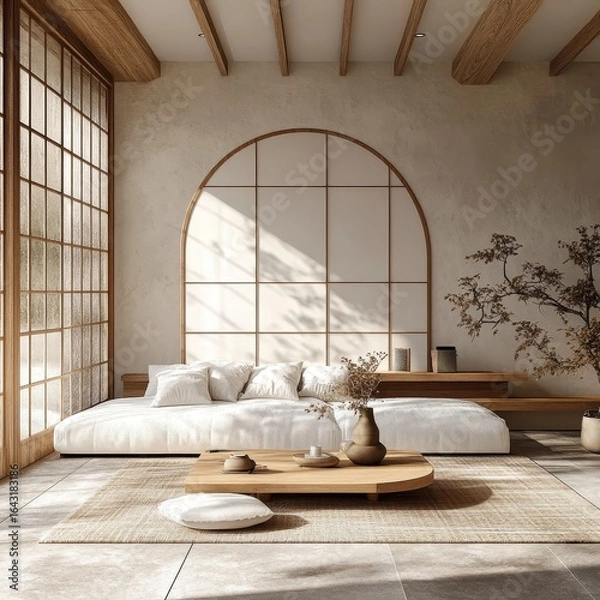 Fototapeta Japandi minimalist home interior design in a modern living room, blending Japanese and Scandinavian design principles, Generative AI