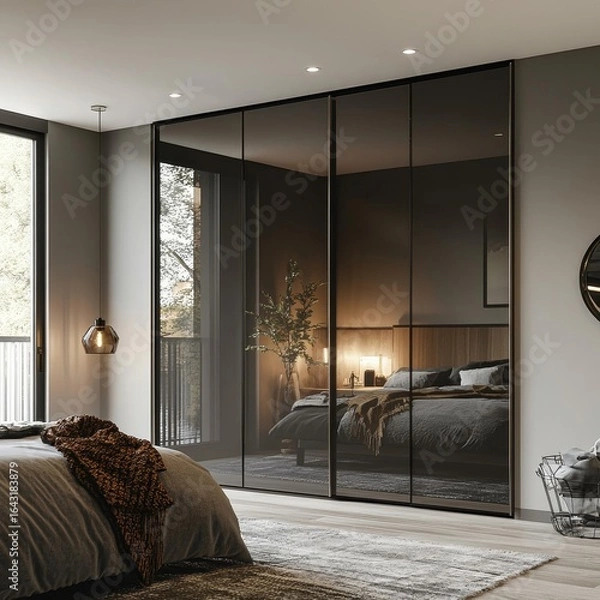 Fototapeta Grey wardrobe with glossy sliding doors, reflecting minimalist interior design in a modern bedroom for an uncluttered, functional space, Generative AI