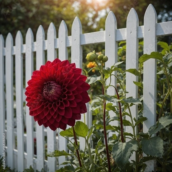 Fototapeta A vibrant red dahlia blooms beautifully beside a classic white picket fence, creating a charming and picturesque garden scene.